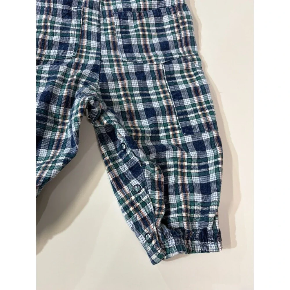 Vintage OshKosh Blue Green White Plaid Cotton Bib Overalls One-Piece 12m